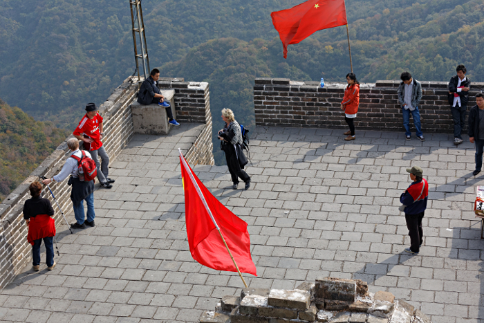 Great Wall of China at Mutianyu
 - Climbers resting after steepest section of wall - 