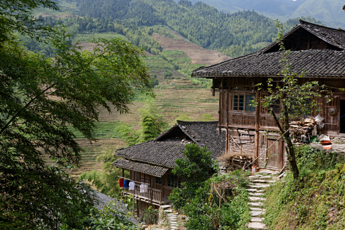 Longji Terraced Rice Paddies and the Yao People - Houses on the Terraces - The main village is at the bottom of the valley. - Some people live high up amongst the terraces.