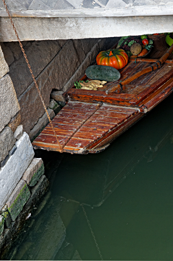 Shanghai Water Towns - Vegetable Barge Under Bridge