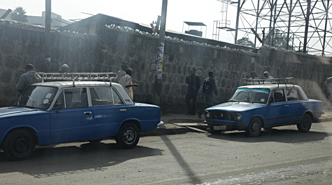 Blue Russian-made cabs in Addis Ababa, Ethiopia