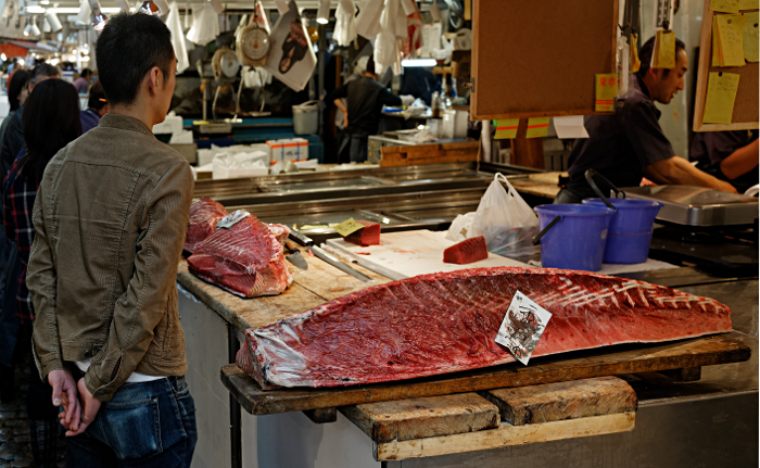 The largest Fish Market in the world - Fresh Tuna - probably sold at the daily early morning auction a few hours earlier for over $50,000 a fish, - ready for sushi and other restaurants.