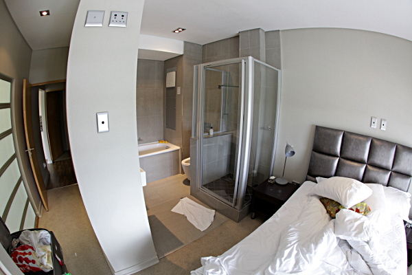 Johannesburg - Our Hotel Room in Johannesburg - Note the positioning of the shower and toilet relative to the bed