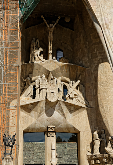 Gaudi's Sagrada Familia in Barcelona - Gaudi's Face engraved in stone at the centre of the picture