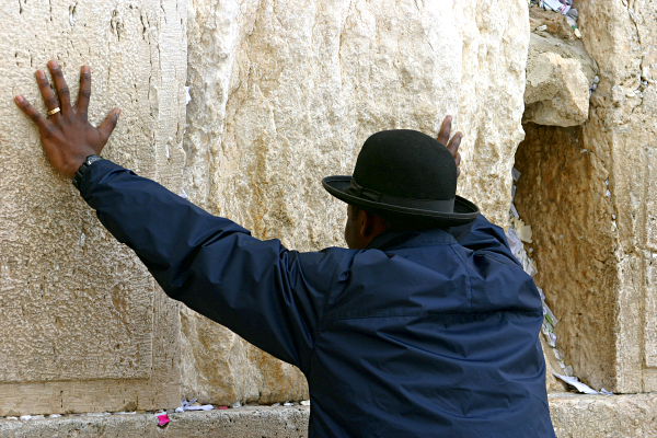 Yerushalayim - Jerusalem, the Kotel and the Temple Mount -- Har haBayit - Hands and Bowler Hat on the Kotel, Western Wall